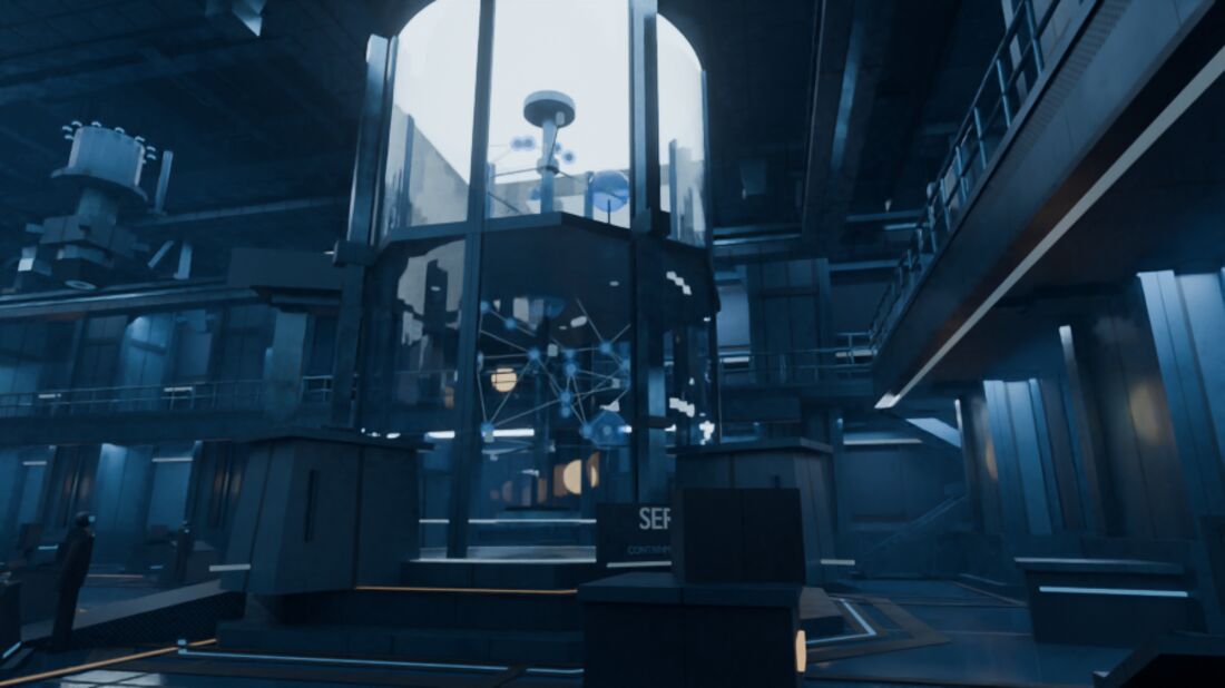 A glass reactor core surrounded by catwalks in Data Core Alpha