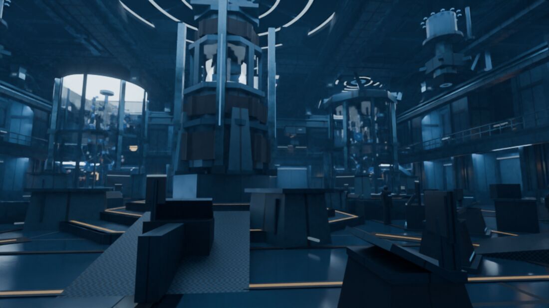 An overlook across the Data Core Alpha hub, with catwalks and a reactor column