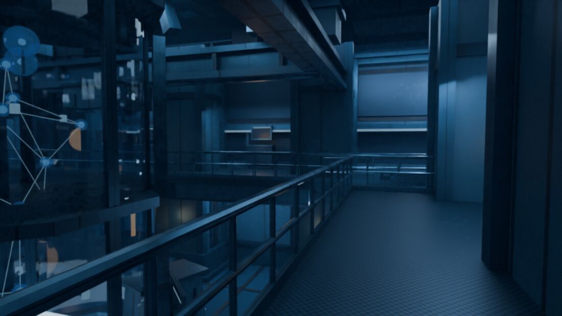 An elevated mezzanine walkway