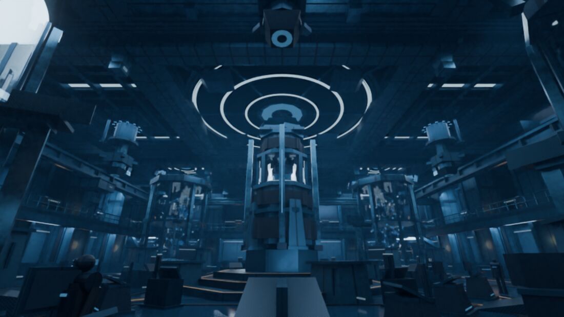 A symmetric reactor hall in Data Core Alpha with glowing ceiling rings