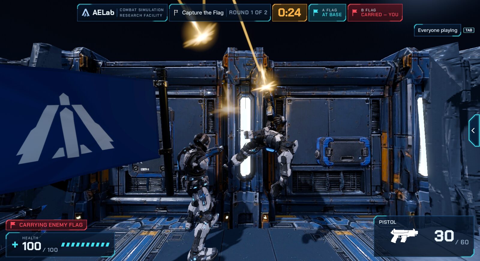 A player carrying the enemy flag in Capture the Flag, pistol drawn, while an opponent fires from a ledge in Data Core Alpha