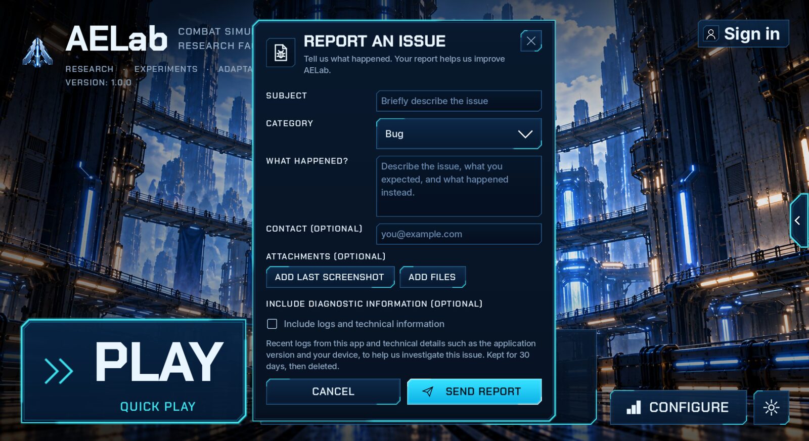 The in-game Report an issue dialog, with a subject, category, description, optional contact and optional diagnostics