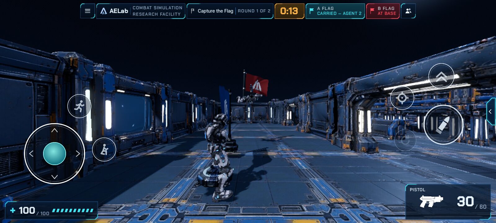 The touch controls at a phone's shape: a movement stick, jump, crouch, sprint, aim and fire buttons around a Capture the Flag match